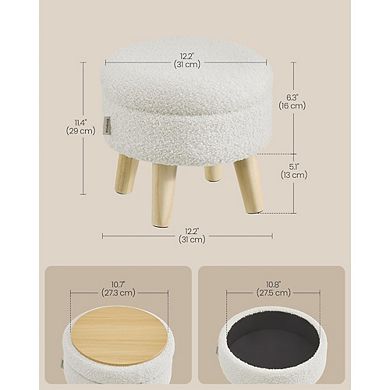Round Storage Ottoman with Padded Seat and Wood Legs Teddy Fleece White