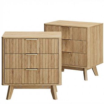 Nightstand Set of 2, 24'' Wide Bedside Table with 3 Drawers, Mid Century Night Stand for Bedroom