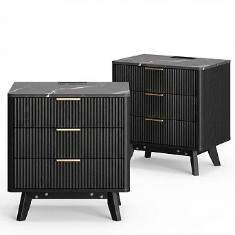 Nightstand Set of 2, 24'' Wide Bedside Table with 3 Drawers, Mid Century Night Stand for Bedroom