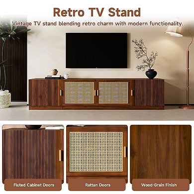 78" Cabinet TV Stand with Rattan Door Media Console