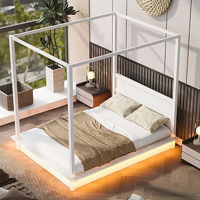 GOODSILO Queen Size LED Illuminated Canopy Platform Bed Frame With Storage