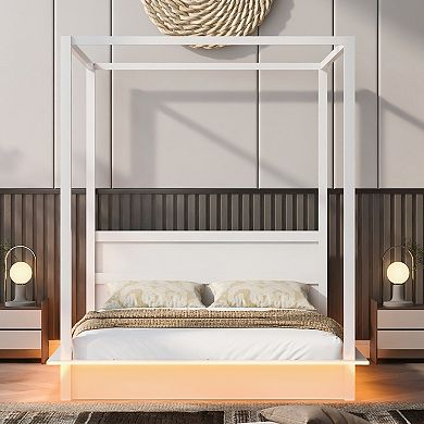 GOODSILO Queen Size LED Illuminated Canopy Platform Bed Frame With Storage
