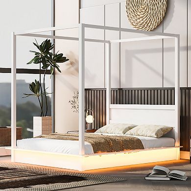 GOODSILO Queen Size LED Illuminated Canopy Platform Bed Frame With Storage