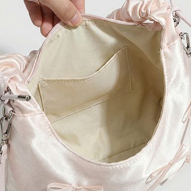 Women's Satin Shoulder Bag with Ruched Top Handle Adjustable Crossbody Strap