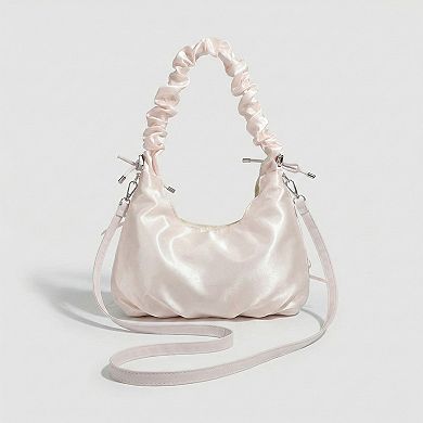 Women's Satin Shoulder Bag with Ruched Top Handle Adjustable Crossbody Strap