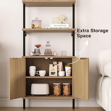 71" Tall Ladder Bookshelf with Cabinet, Wall Mounted Bookcase with Shelves, 5-Tier Display Rack