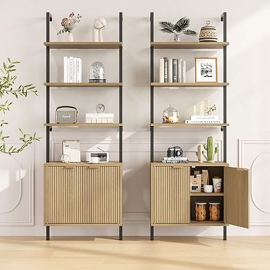 71" Tall Ladder Bookshelf with Cabinet, Wall Mounted Bookcase with Shelves, 5-Tier Display Rack