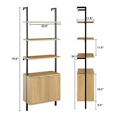 71" Tall Ladder Bookshelf with Cabinet, Wall Mounted Bookcase with Shelves, 5-Tier Display Rack