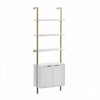 71" Tall Ladder Bookshelf with Cabinet, Wall Mounted Bookcase with Shelves, 5 tier Display Rack