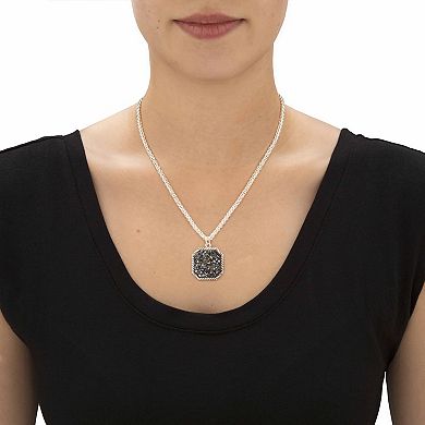 Round Simulated Druzy Black Quartz Silvertone Octagon Pendant Necklace 18"-20"