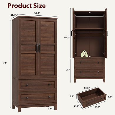 72" Armoire Wardrobe Closet with 2 Drawers, Hanging Rod, 18 Adjustable Shelves, Doors for Bedroom