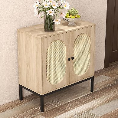 Modern Rattan Buffet Cabinet with Storage, Wooden Storage Cabinet with Doors for Dining Room