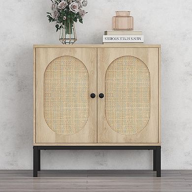 Modern Rattan Buffet Cabinet with Storage, Wooden Storage Cabinet with Doors for Dining Room