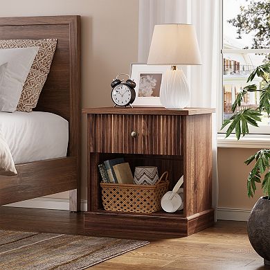 Fluted Nightstand with Drawer, Side Table with Open Shelf, Space-Saving Bedside Table for Bedroom