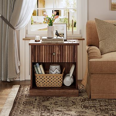 Fluted Nightstand with Drawer, Side Table with Open Shelf, Space-Saving Bedside Table for Bedroom
