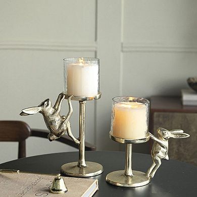 TOEMOA Set of 2 Decorative Glass Hurricane Pillar Candle Holders with Accents