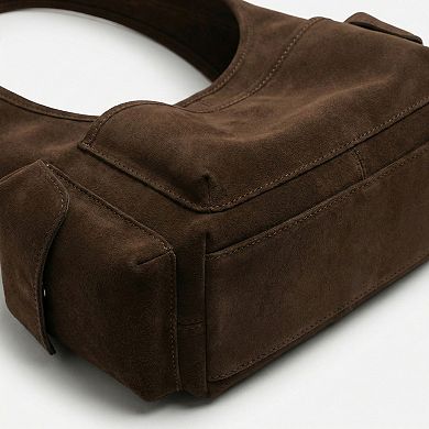 Women's Faux Leather Shoulder Bag with Curved Silhouette Multi Pocket Design Wide Strap