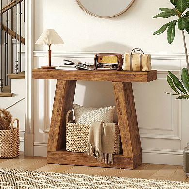 HOMCOM 42" Farmhouse Console Table, Sofa Table Behind Couch, Rustic Brown