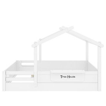 GOODSILO Children's House-Themed Floor Bed with Guardrails and Storage Tray for Kids Room