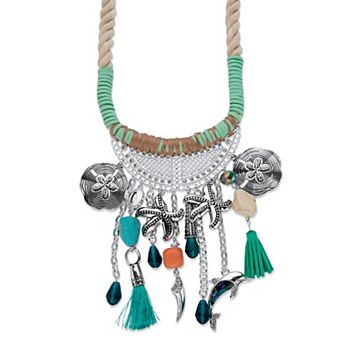 Crystal Silvertone Beach Themed Corded Fringe Necklace 19"-20.5"