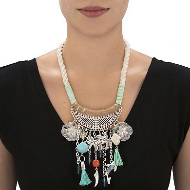 Crystal Silvertone Beach Themed Corded Fringe Necklace 19"-20.5"