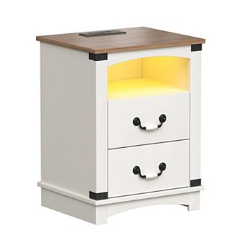Farmhouse Nightstand with Charging Station & Ceramic Handles, Wood Bedside Table with 2 Drawers