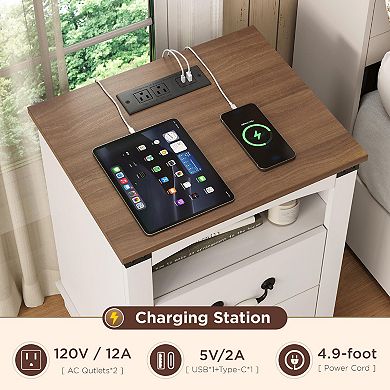 Farmhouse Nightstand with Charging Station & Ceramic Handles, Wood Bedside Table with 2 Drawers