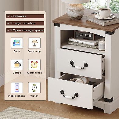 Farmhouse Nightstand with Charging Station & Ceramic Handles, Wood Bedside Table with 2 Drawers