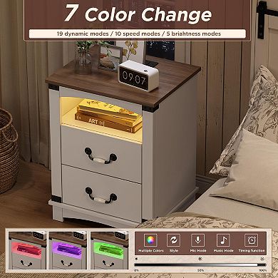 Farmhouse Nightstand with Charging Station & Ceramic Handles, Wood Bedside Table with 2 Drawers