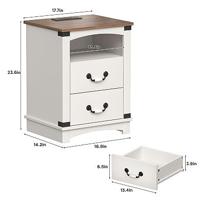 Farmhouse Nightstand with Charging Station & Ceramic Handles, Wood Bedside Table with 2 Drawers