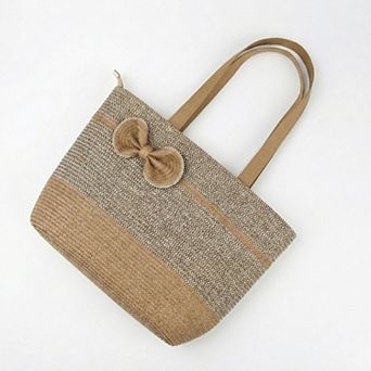 Women's Woven Straw Tote Bag with Contrast Panel Bow Accent Dual Shoulder Straps
