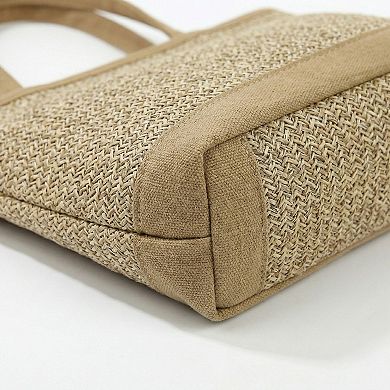 Women's Woven Straw Tote Bag with Contrast Panel Bow Accent Dual Shoulder Straps