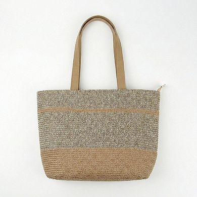 Women's Woven Straw Tote Bag with Contrast Panel Bow Accent Dual Shoulder Straps