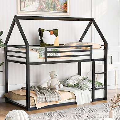 GOODSILO Twin Over Twin Playhouse Bunk Bed Frame with Built-in Safety Ladder