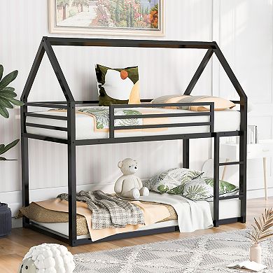 GOODSILO Twin Over Twin Playhouse Bunk Bed Frame with Built-in Safety Ladder