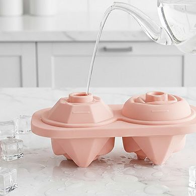2-PC Large Ice Cube Tray Set with Rose and Diamond Shape Molds Flexible Silicone Easy Release Design