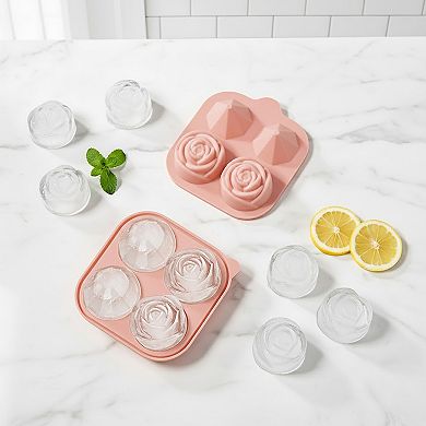 2-PC Large Ice Cube Tray Set with Rose and Diamond Shape Molds Flexible Silicone Easy Release Design