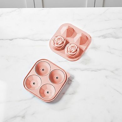 2-PC Large Ice Cube Tray Set with Rose and Diamond Shape Molds Flexible Silicone Easy Release Design
