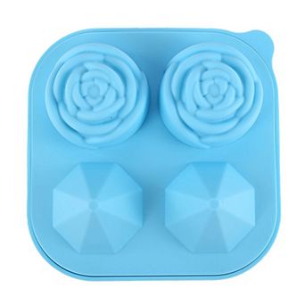 2 pc Large Ice Cube Tray Set with Rose and Diamond Shape Molds Flexible Silicone Easy Release Design
