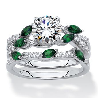 2.35 ct w. Platinum-plated Silver Cubic Zirconia Created Emerald Bridal Ring Set