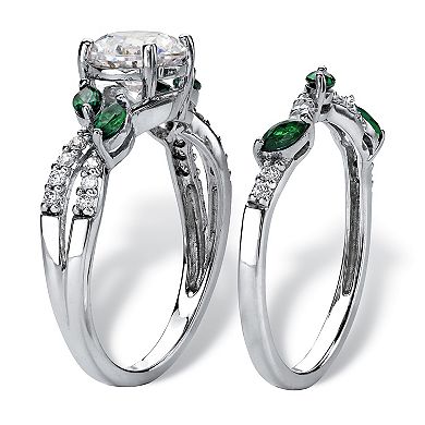 2.35 Cttw. Platinum-plated Silver Cubic Zirconia Created Emerald Bridal Ring Set