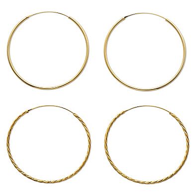 2-Pair Set 18k Yellow Gold-plated Sterling Silver Eternity Hoop Earrings 2 1/4"