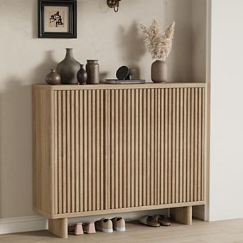 46" Fluted Shoe Cabinet with 5 tier Storage & Adjustable Shelves, Rustic Entryway