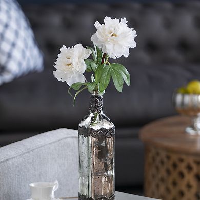 TOEMOA Antique Silver Decorative Glass Bottle Vase with Leaf Accents