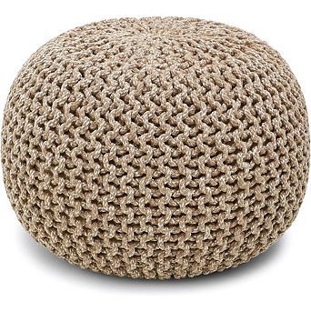 Hand Knitted Round Pouf Ottoman Cable Knit Cotton Footrest Beige Ivory