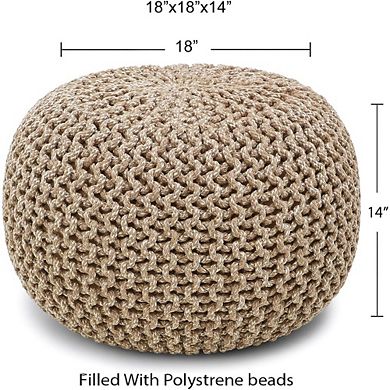 Hand Knitted Round Pouf Ottoman Cable Knit Cotton Footrest Beige Ivory