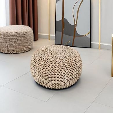 Hand Knitted Round Pouf Ottoman Cable Knit Cotton Footrest Beige Ivory