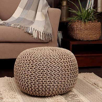 Hand Knitted Round Pouf Ottoman Cable Knit Cotton Footrest Beige Ivory