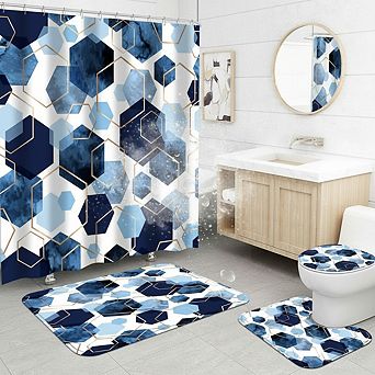 Blue Geometric Bathroom Set: Shower Curtain, Bath Mat & Toilet Rugs with 12 Hooks