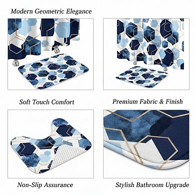 Blue Geometric Bathroom Set: Shower Curtain, Bath Mat & Toilet Rugs with 12 Hooks